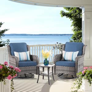 Joyoung Gray 3-Piece Wicker Outdoor Patio Conversation Seating Set with Denim Blue Cushions and Swivel Rocking Chairs