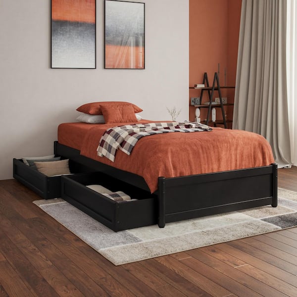 Barcelona Black Solid Wood Frame Twin XL Panel Platform Bed with Storage Drawers