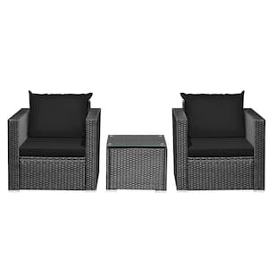 3-Pieces Rattan Patio Conversation Furniture Set Outdoor with Black Cushions