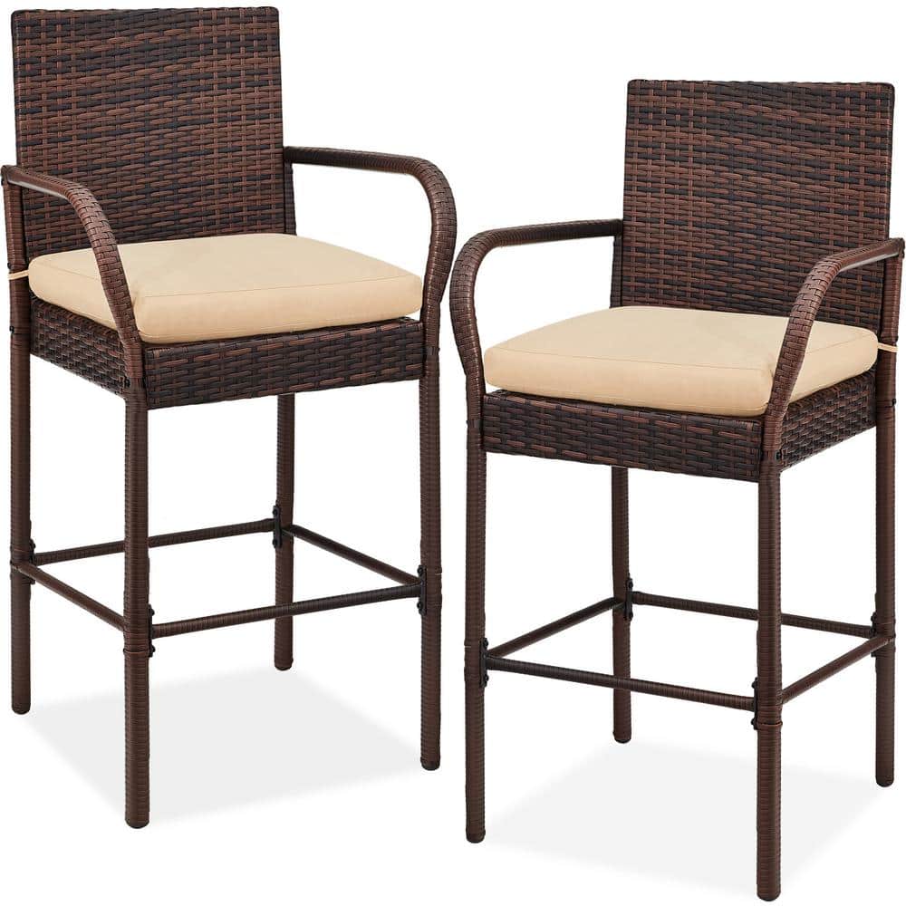 Best Choice Products Wicker Brown Outdoor Bar Stools with Tan Cushions