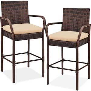 Wicker Brown Outdoor Bar Stools with Tan Cushions (2-Pack)