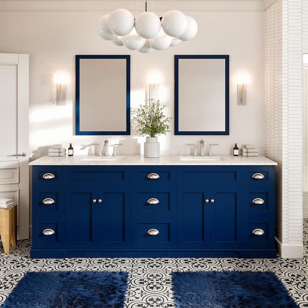 Eviva Epic 84 in. W x 22 in. D x 34 in. H Double Bathroom Vanity in Blue with White Quartz Top with White Sinks