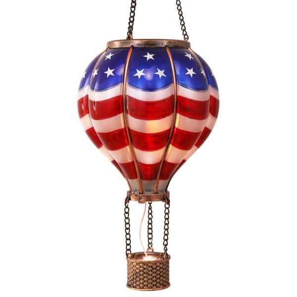Patriotic Hot Air Balloon 18 in. Blue Red White Plastic Solar Hanging Lantern -1 Pack