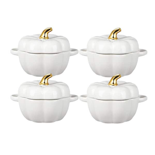 Ceramic Ramekin Set with Lid and Handle, 4-Piece Baking Dish, 14 Oz Capacity, Oven Safe, White