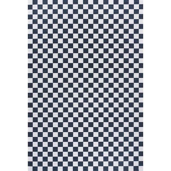 Ainsley Modern Cottage Checkerboard Washable Dark Blue/White 9 ft. x 12 ft. Area Rug