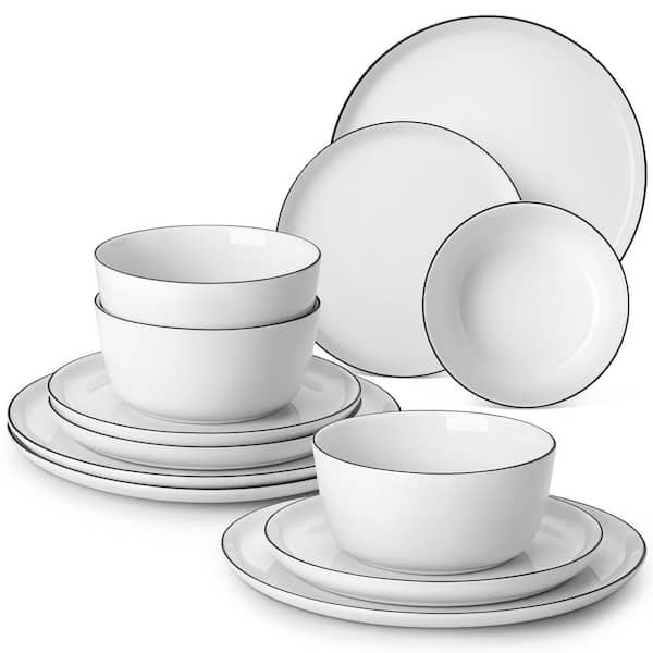 12-Piece White Black Rim Porcelain Dinnerware Set Service for 4 Tableware Bowls and Plates Set for Kitchen Dining