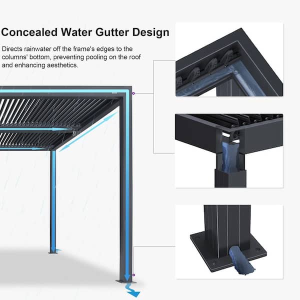 14 ft. x 24 ft. Gray Aluminum Frame Outdoor Hardtop Louvered Pergola with Adjustable Sunshade Roofs and In-Built Gutter