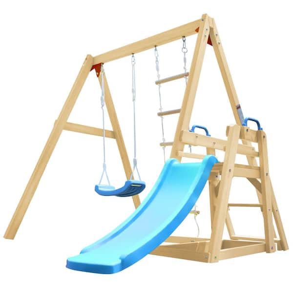 Sudzendf Wood Outdoor Swing Set with Swing, Climbing Rope ladders and Slide in Blue
