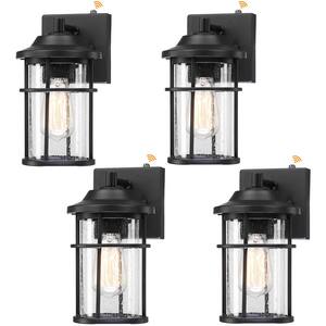 11 in. Matte Black Hardwired Dusk to Dawn Outdoor Wall Lantern Sconce Sensor with Seeded Glass Shade (4-Pack)