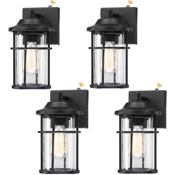 11 in. Matte Black Hardwired Dusk to Dawn Outdoor Wall Lantern Sconce Sensor with Seeded Glass Shade (4-Pack)