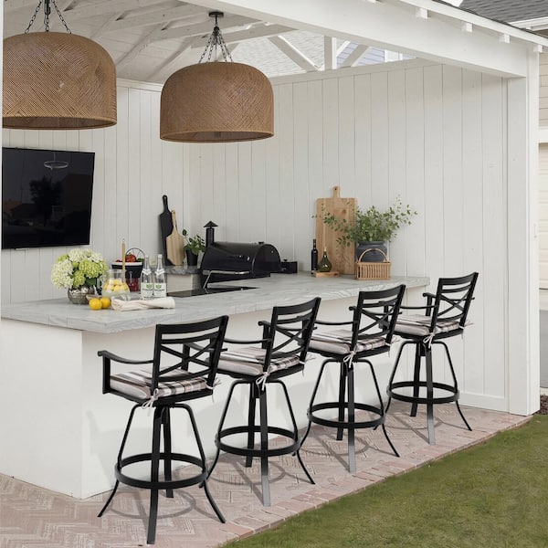 Swivel Cast Aluminum Outdoor Bar Stool with Sunbrella Milano Char Striped Cushion (4-Pack)
