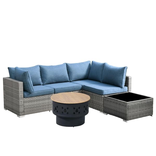 Sanibel Gray 6-Piece Wicker Outdoor Patio Conversation Sofa Set with a Wood-Burning Fire Pit and Denim Blue Cushions