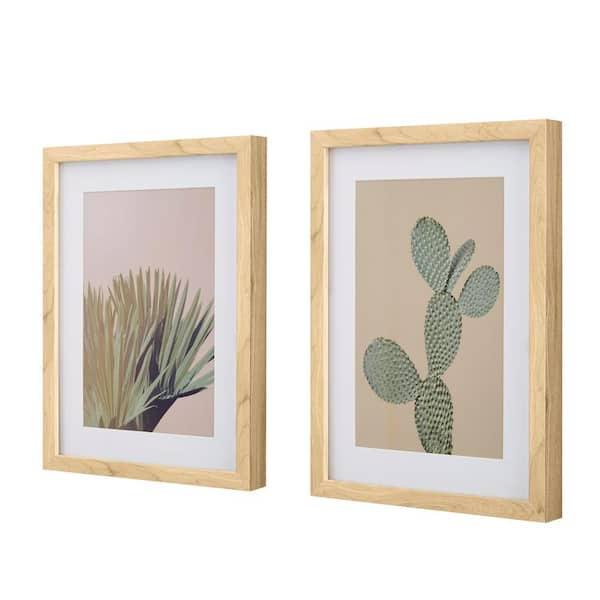 Stylewell Light Wood Framed Cactus Wall Art With White Matte 16 In H X 12 In W Set Of 2 H5 Up 311 The Home Depot