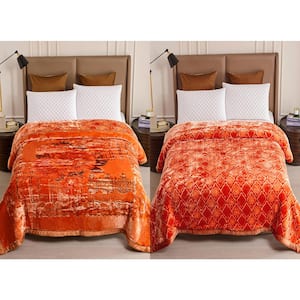 Orange Flower 2-Ply Design Embossed Polyester Fleece 87 in. x 94 in. Bed Blanket for Winter, 10.5 lbs.