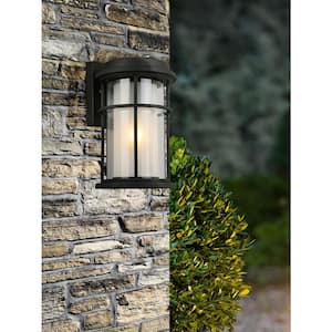 Helendale 7.76 in. W x 12.64 in. H 1-Light Matte Black Outdoor Wall Lantern Sconce with Frosted/Clear Glass Shades