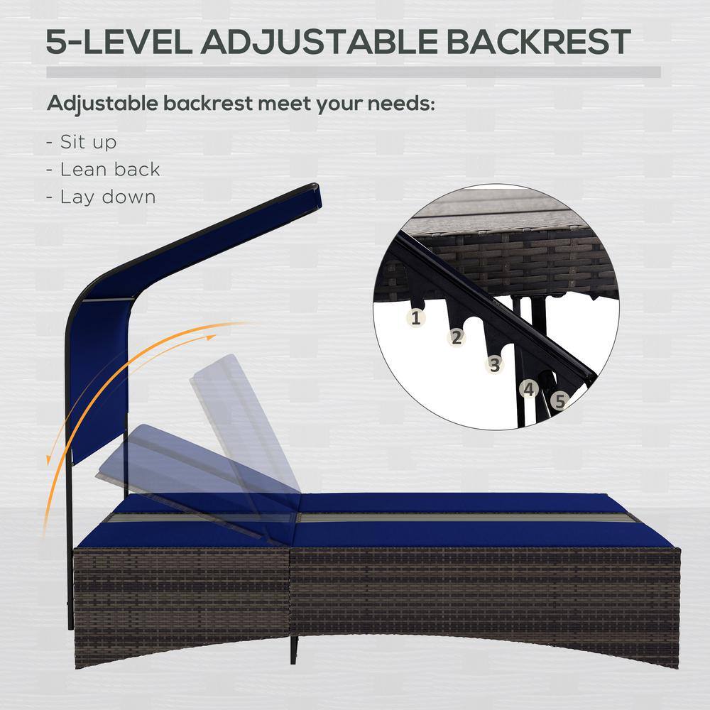 Gray Steel Double Chaise Lounge with Blue Cushions and Canopy