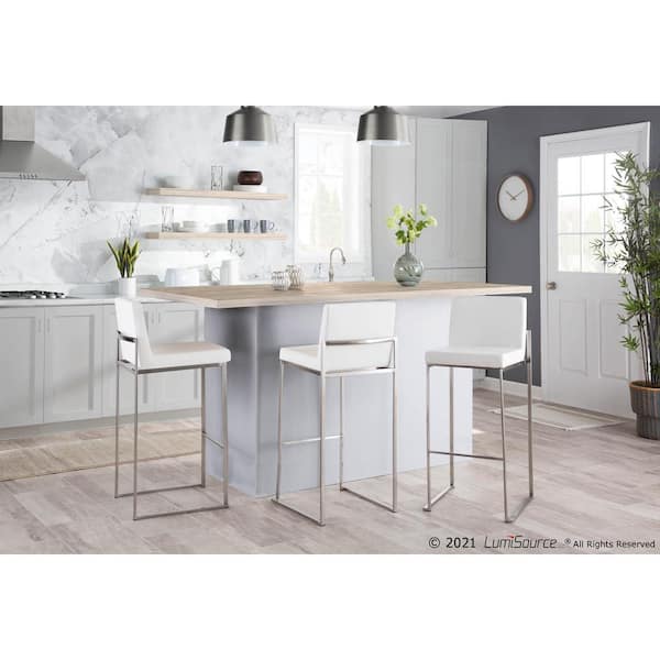 Fuji 40.5 in. White Faux Leather and Stainless Steel High Back Bar Stool (Set of 2)