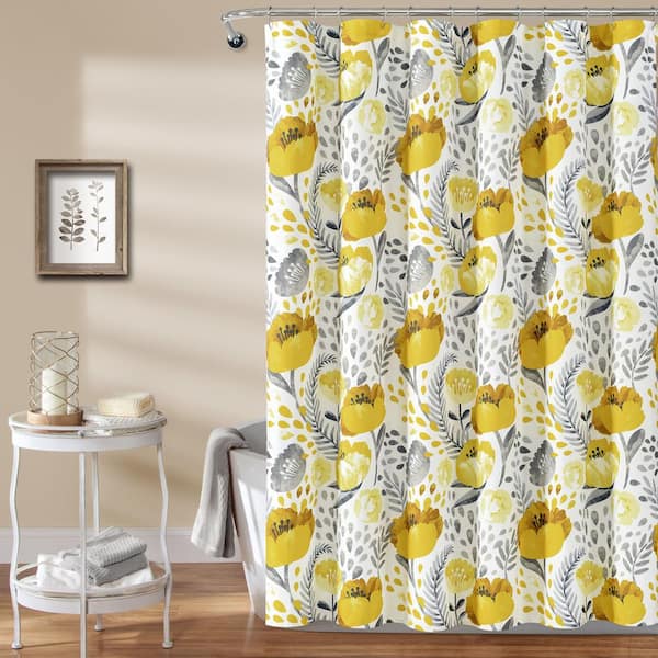 Poppy Garden Shower Curtain Yellow, Solid Mustard Yellow Shower Curtains