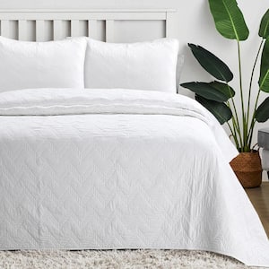 Luxury Clean Linens Crisp Solid Chic 3-Piece White Chevron Zig Zag Cotton King Quilt Bedding Set