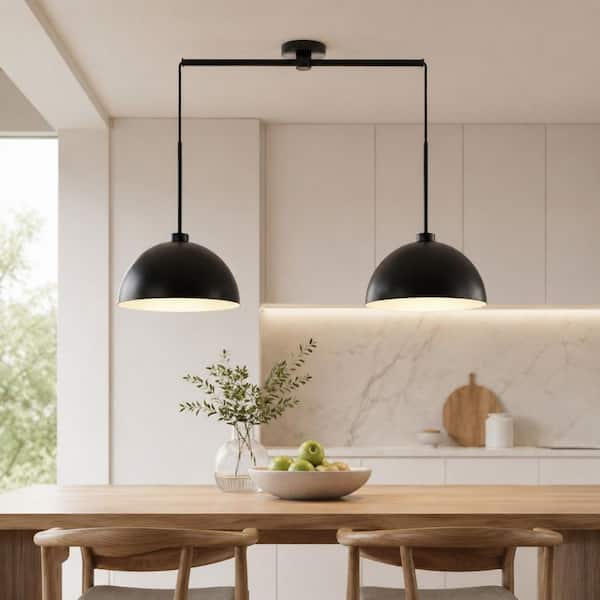 2-Light Matte Black Industrial Double Pendant Chandelier for