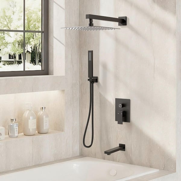 Dual Handles 3-Spray 10 in. Wall Mount 2.5 GPM Shower Head Tub and Shower Faucet in Matte Black (Valve Included)