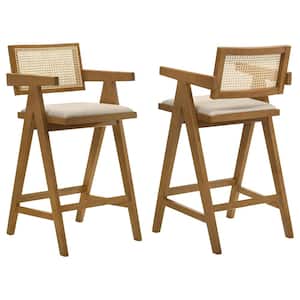 Kane 27.75 in. Light Walnut Solid Wood Bar Stool with Woven Rattan Back and Upholstered Seat (Set of 2)
