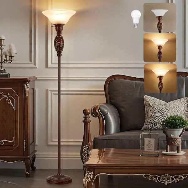 70 in. Black Torchiere Floor Lamp Victorian Style Standing Lamp for Living Room, Bedroom, Office and Etched Glass Shade