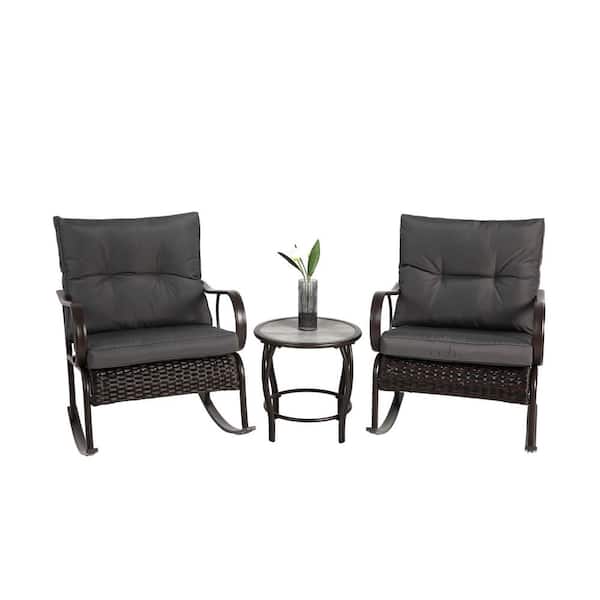 Black 3-Piece Wicker Outdoor Patio Conversation Set with Gray Cushions and Coffee Table for Garden, Balcony, Backyard