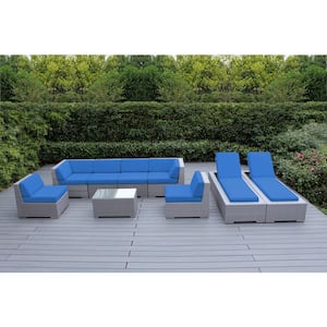 Gray 9-Piece Wicker Patio Combo Conversation Set with Supercrylic Blue Cushions
