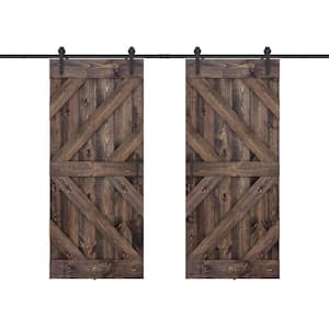 Triple KL 60 in. x 84 in. Fully Set Up Dark Brown Finished Pine Wood Sliding Barn Door with Hardware Kit
