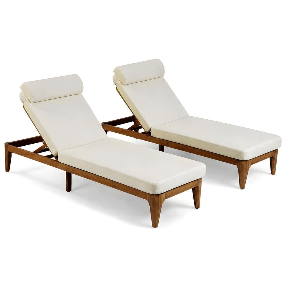 Natural Acacia Wood 2-Piece Outdoor Chaise Lounge with Beige Cushions durable construction price history on PriceWatchPro
