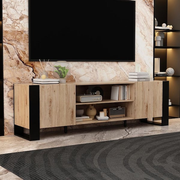 FUFU&GAGA Burly Wood Color and Black TV Stand, Entertainment Center Fits TV's up to 75 in. with Shelves and Drawers