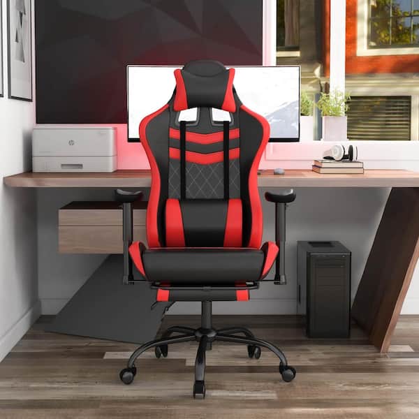 Furniture of America Cayde Red Polyvinyl Diamond Stiching Gaming Chair with Adjustable Footrest and Headpillow