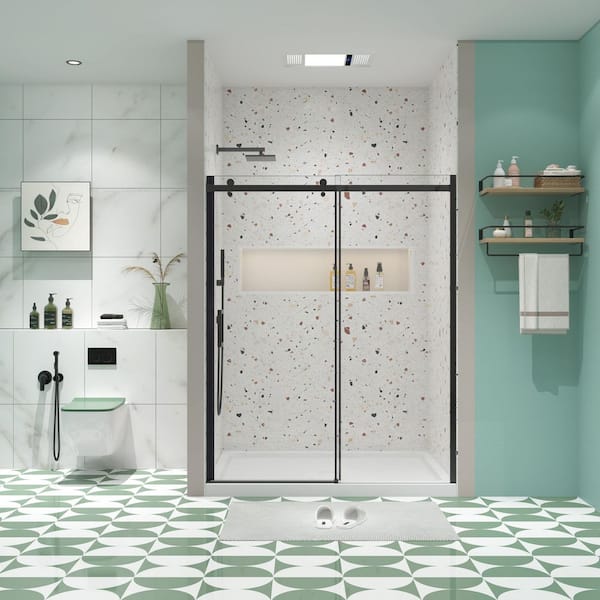 MEDUNJESS Pilas 60 in. W x 74 in. H Sliding Frameless Shower Door in Black with 5/16 in. (8 mm) Clear Glass