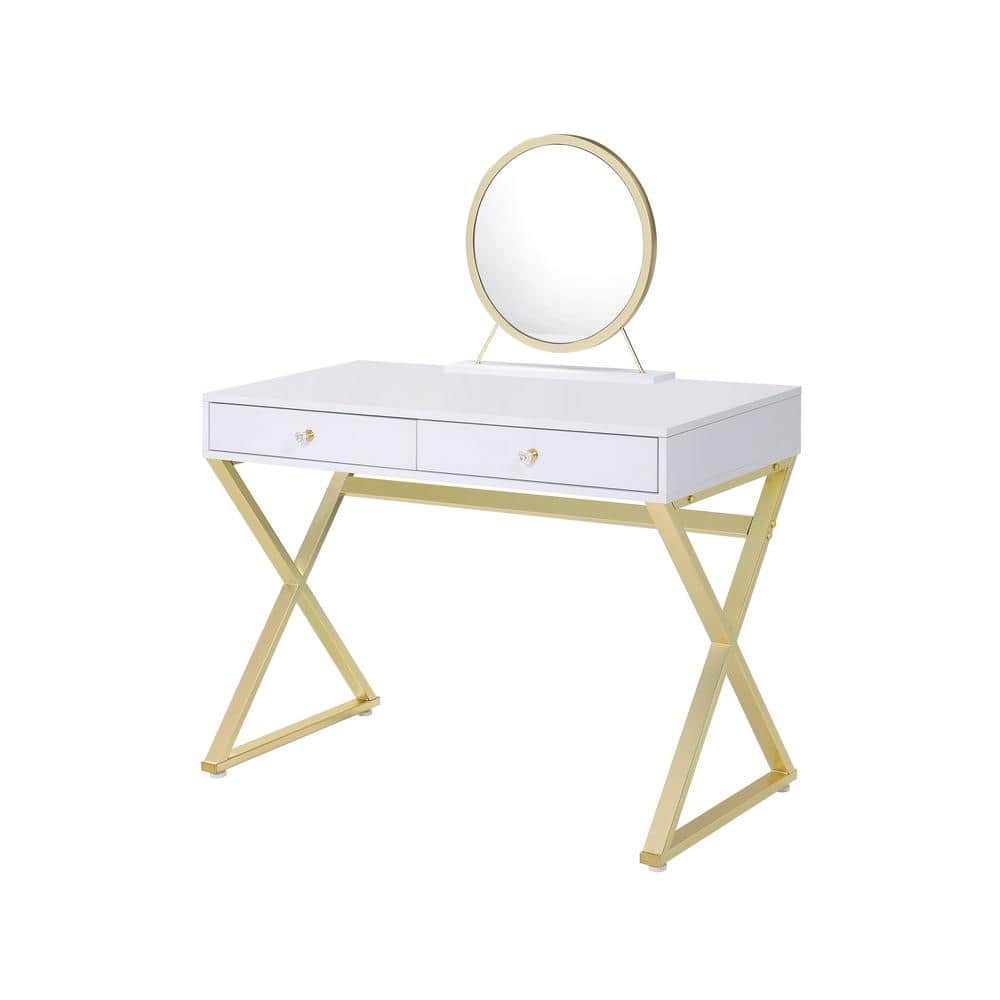 Acme Furniture Coleen White and Gold Vanity Desk with Jewelry Tray ...