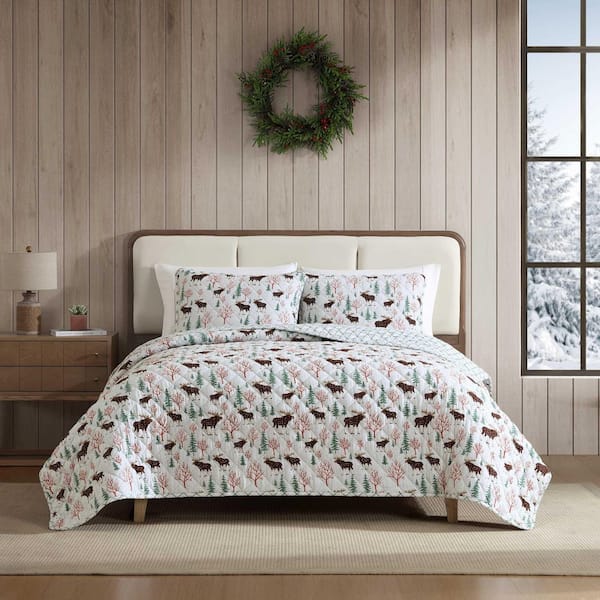 Mountain Moose 3-Piece Grey Flannel Cotton King Quilt Set