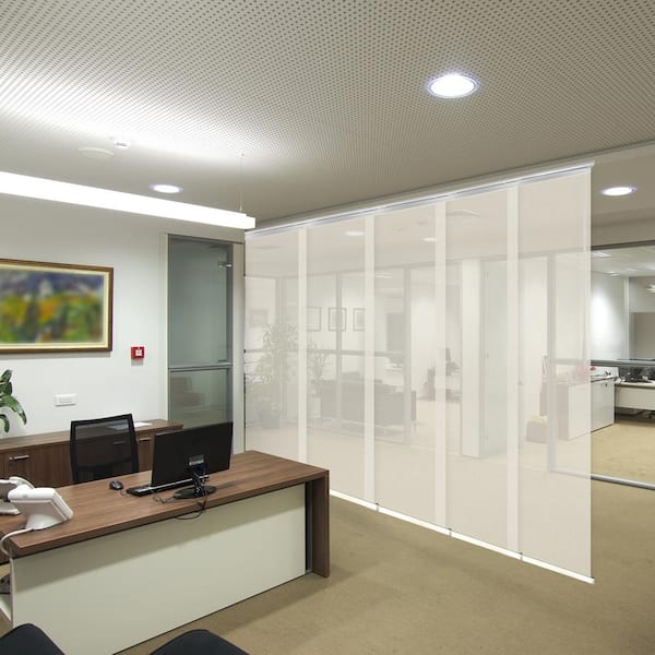 EMOH Ivory Mesh 58 in.- 110 in. W x 116 in. L Adjustable 5-Panel White Single Rail Panel Track with 23.5 in. Slates