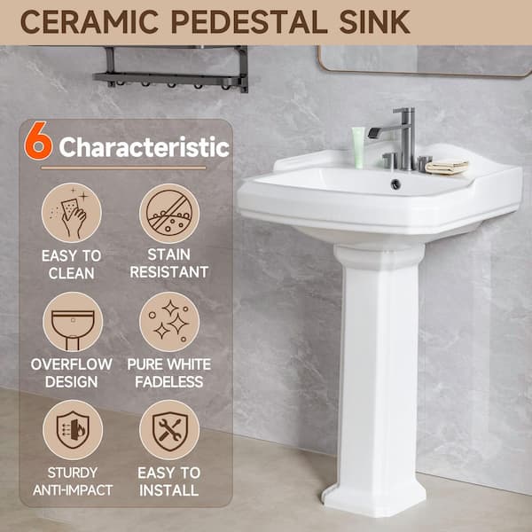 23 in. W x 19.2 in. D Pedestal Bathroom Sink Combo White Rectangular Vitreou China Sink with Overflow and 3 Faucet Holes