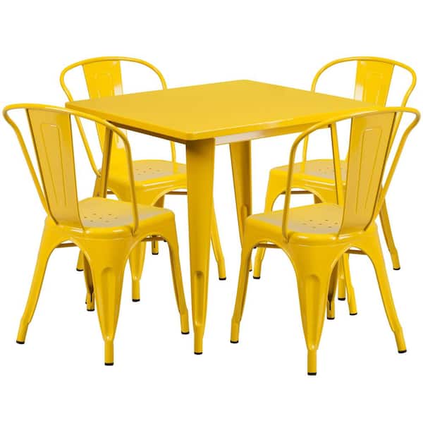 Unbranded Metal Outdoor Dining Table 31.5 in. Square Metal Indoor-Outdoor Table Set with 4 Stack Chairs in Yellow
