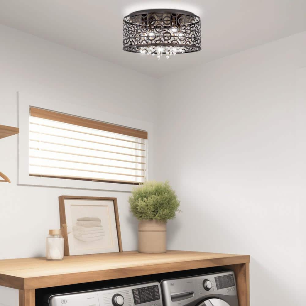 Brielle 15" Bronze Crystal Cage 4-Light Flush Mount Chandelier