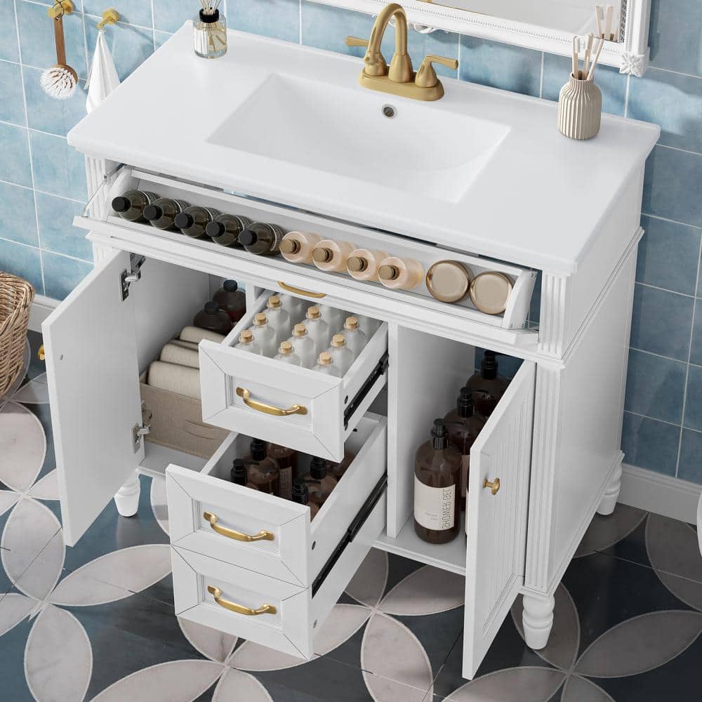 "36"" White Freestanding Bathroom Vanity with Sink, MDF+Solid Wood, Flip-Out Drawer, Soft Close Doors" price history on PriceWatchPro
