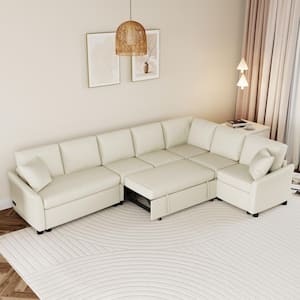 124.8 in. L Shaped Chenille Modern Sectional Sofa in. Beige Convertible Sofa Bed with 2 Back Pillows and Power Sockets
