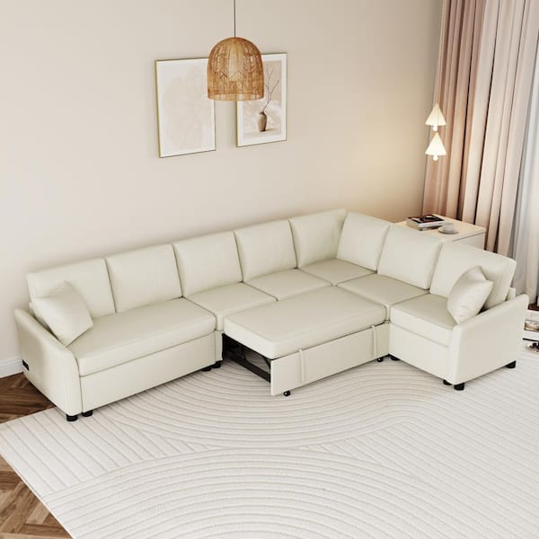 Harper & Bright Designs 124.8 in. L Shaped Chenille Modern Sectional Sofa in. Beige Convertible Sofa Bed with 2 Back Pillows and Power Sockets