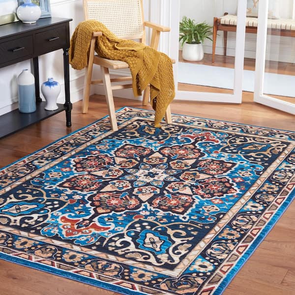 Riviera Blue/Black 7 ft. x 7 ft. Machine Washable Medallion Border Square Area Rug
