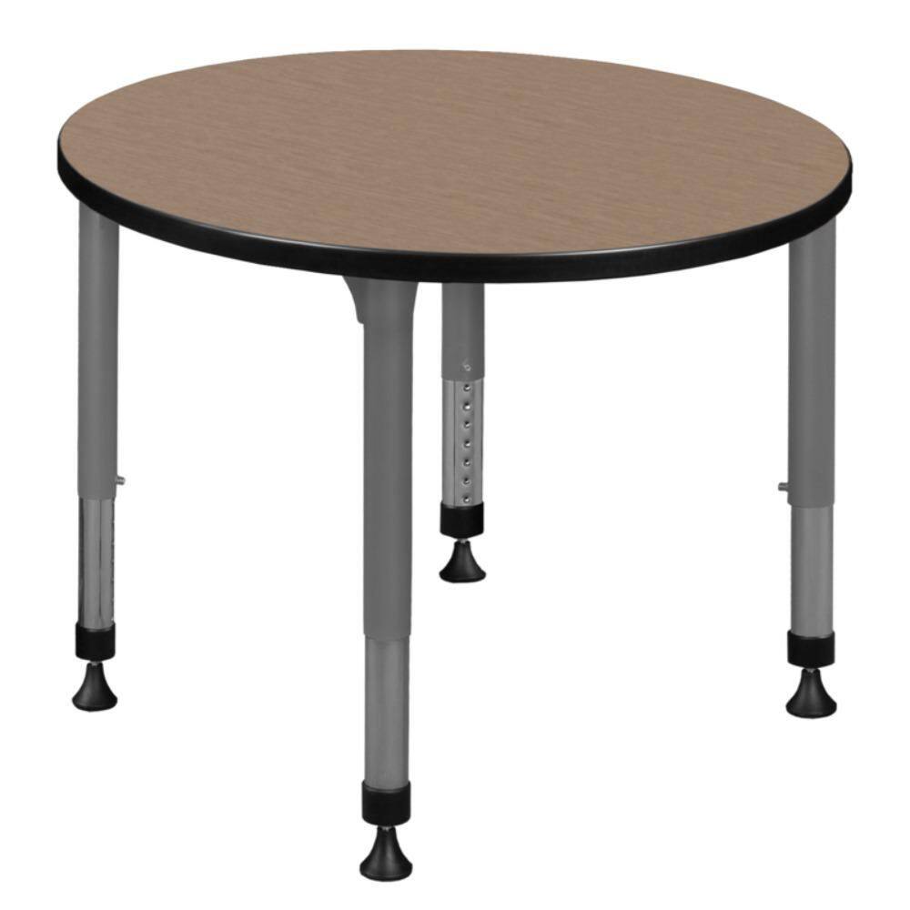 Kee 30 in. Round Noble Oak Height Adjustable Classroom Activity Table Desk with Grey Base