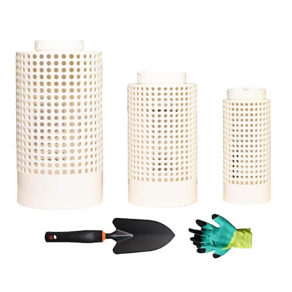 Unbranded 5.3 Gal. Inground Cylindrical Plastic Worm Tumbler Compost Bin Kit w/ Holes and Lids 3-Pieces-Large Medium Small, White