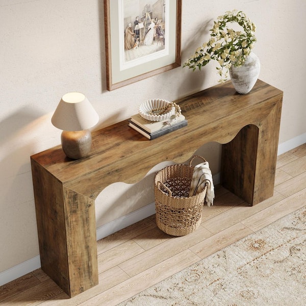 BYBLIGHT Turrella 62.99 in. Brown Rectangle Wood Console Table with Wave-Pattern Detailing