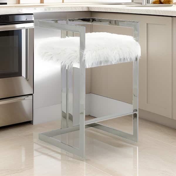 Benjara 29.5 in. White and Silver Low Back Metal Frame Bar Stool with Fabric Seat