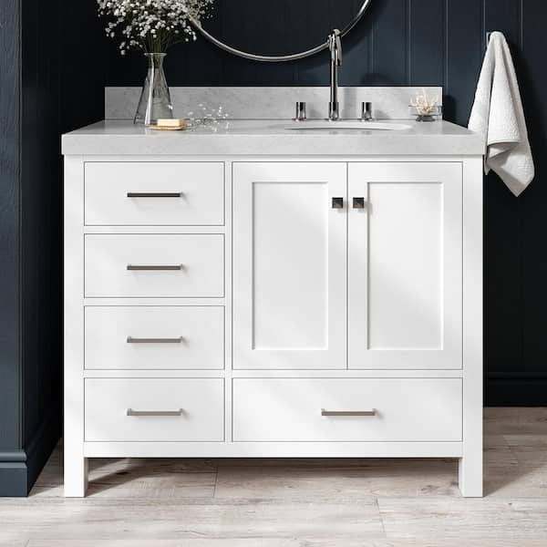 ARIEL Cambridge 42 in. W x 22 in. D x 36.5 in. H Single Sink Freestanding Bath Vanity in White with Carrara Marble Top