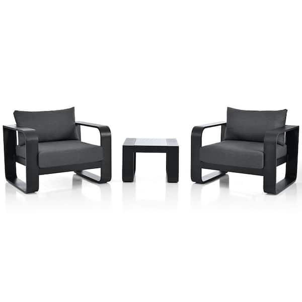 Angel Sar Black 3-Piece Aluminum Patio Conversation Set with Gray Cushion and Coffee Table